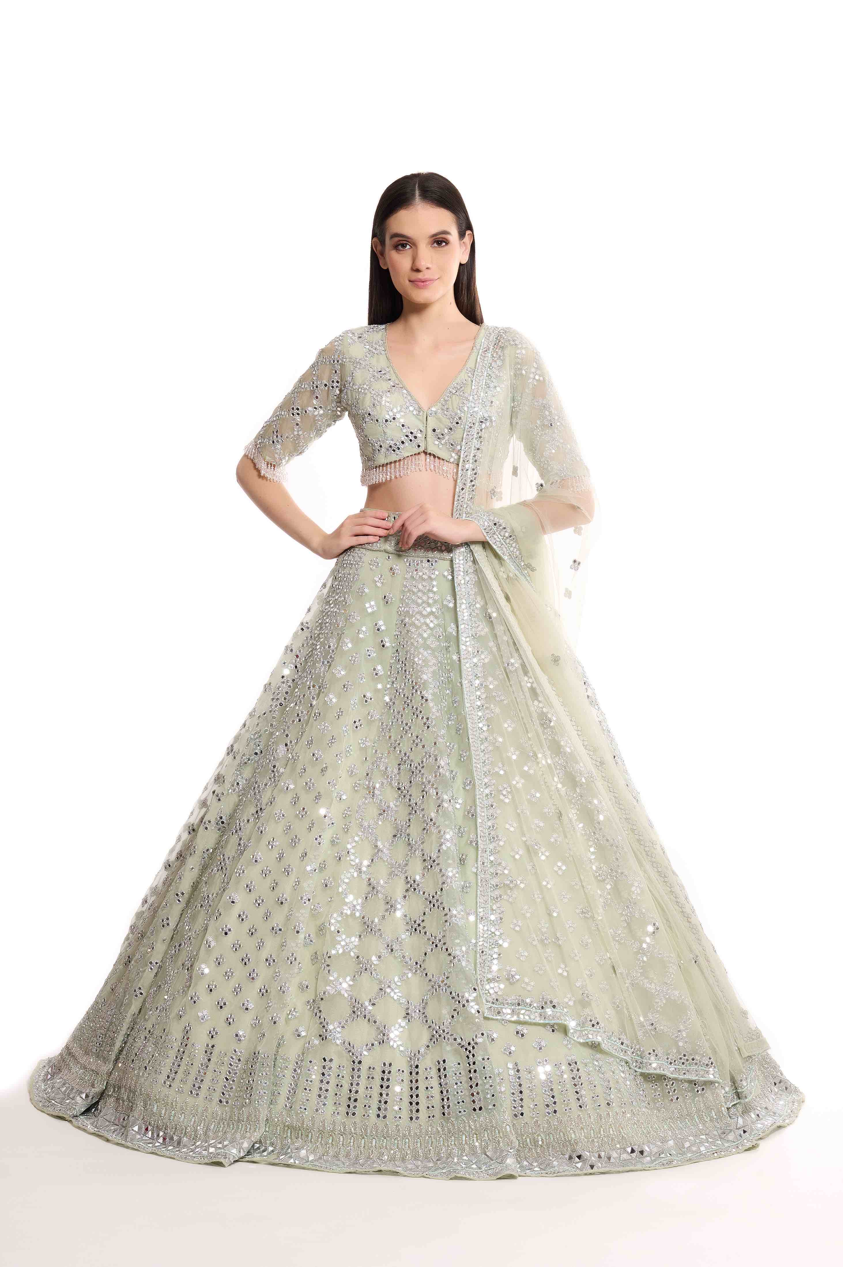 Green mirror work lehenga