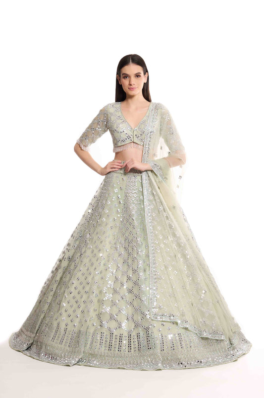 Green mirror work lehenga