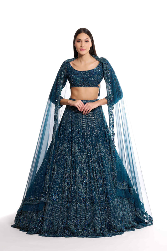 blue cutdana embroidered lehenga
