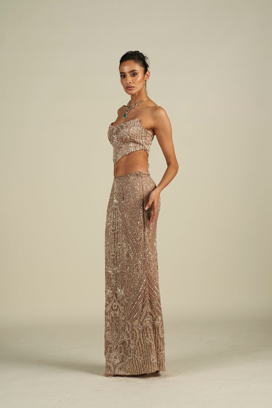 BROWN SILVER SKIRT SET