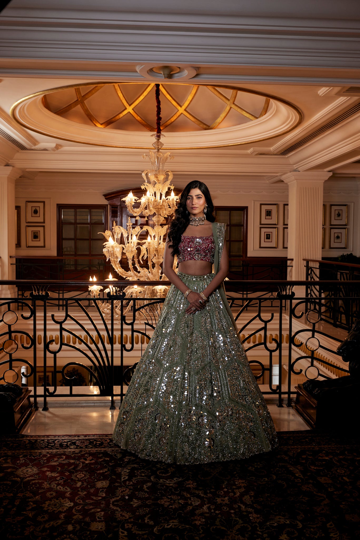 green mirror work lehenga