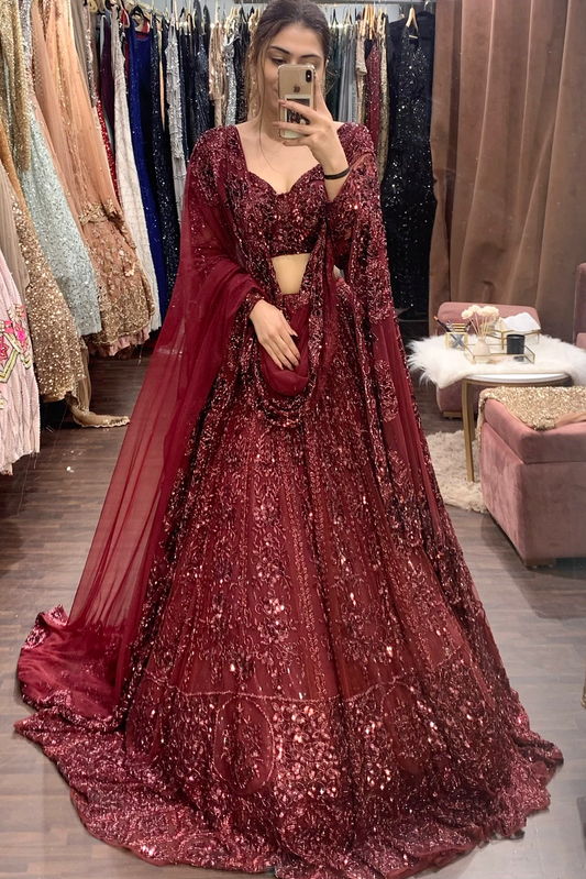 maroon bridal lehenga