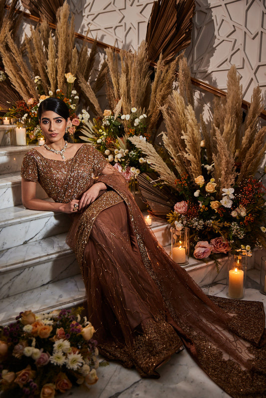 surabhi chopra label brown wedding saree