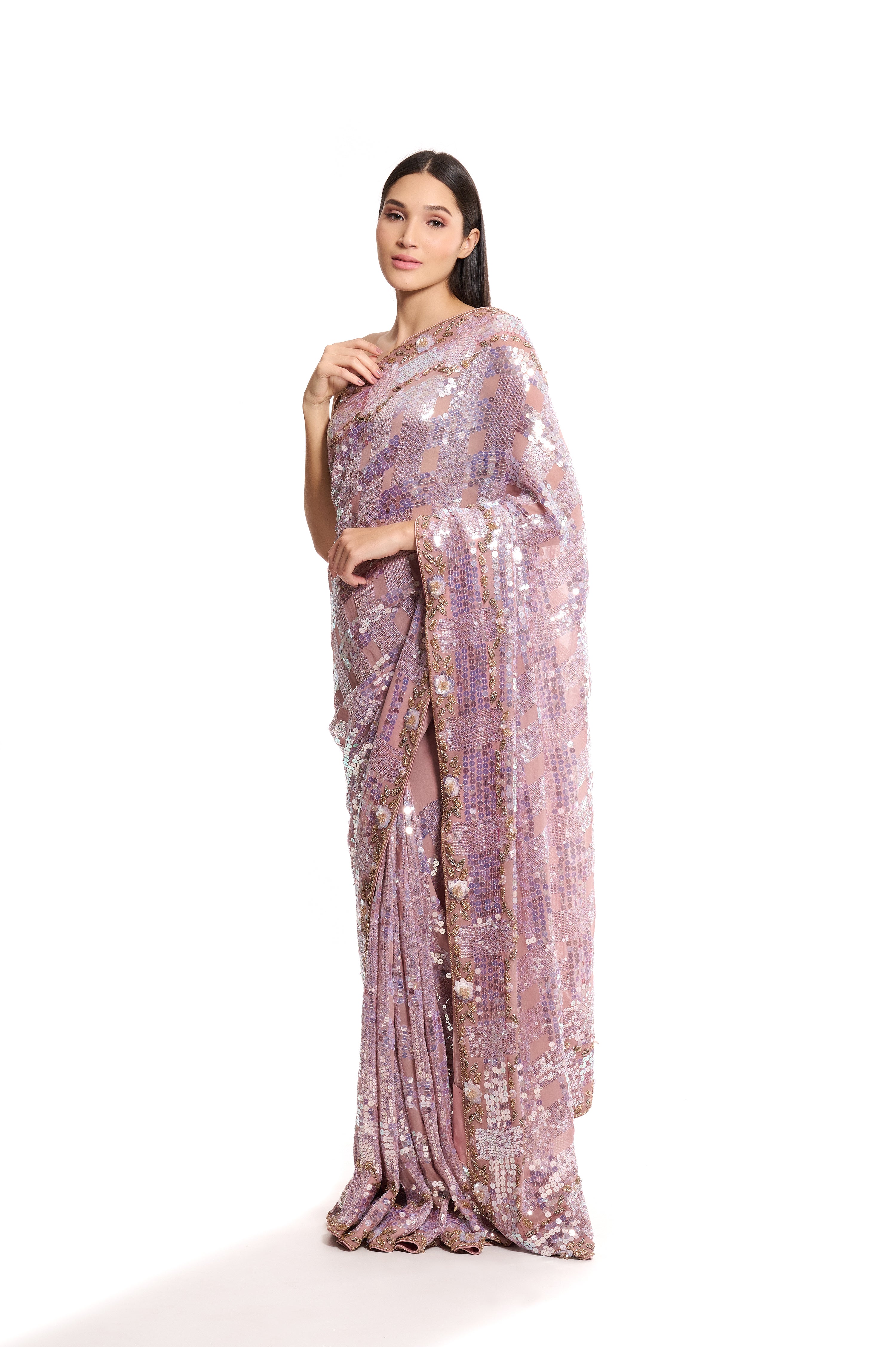pink embroidered saree