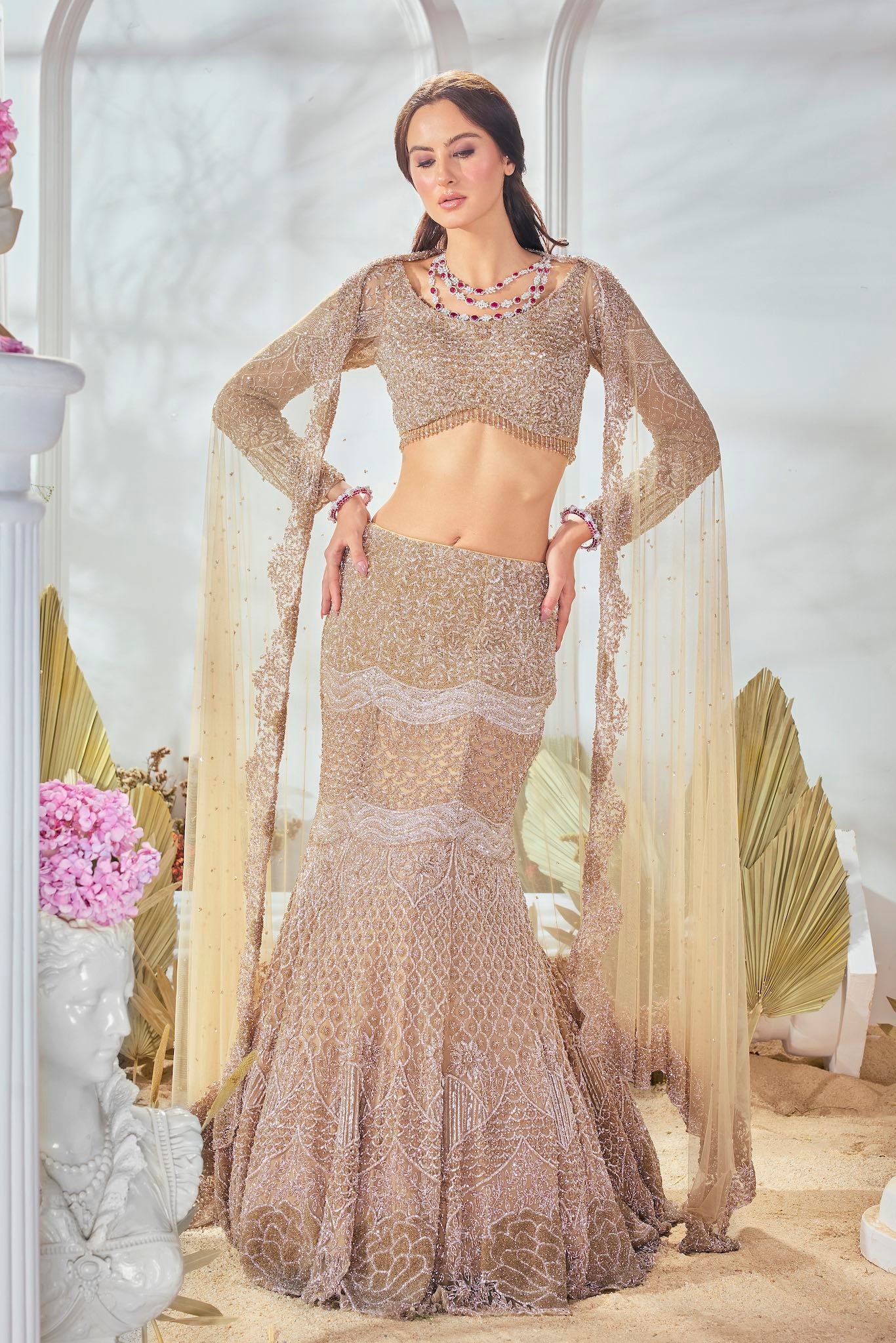 gold bridal fishcut lehenga