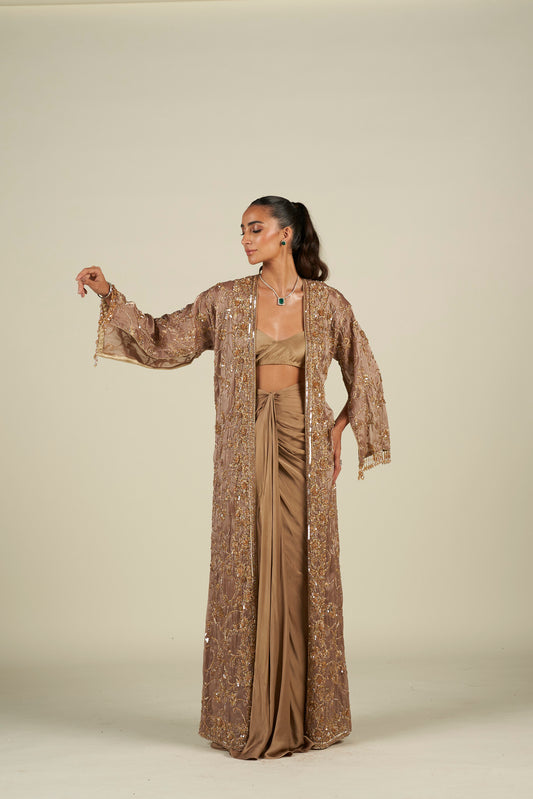 BROWN GOLD LONG CAPE SKIRT SET
