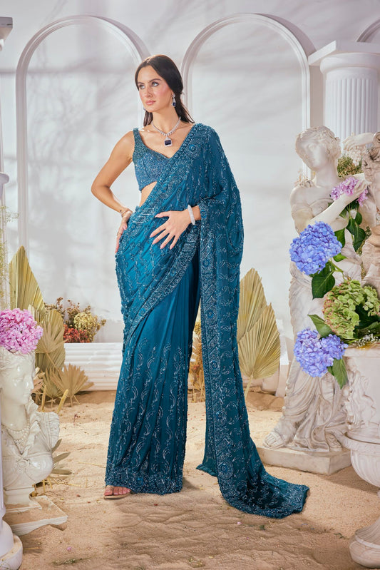 teal blue cut dana saree