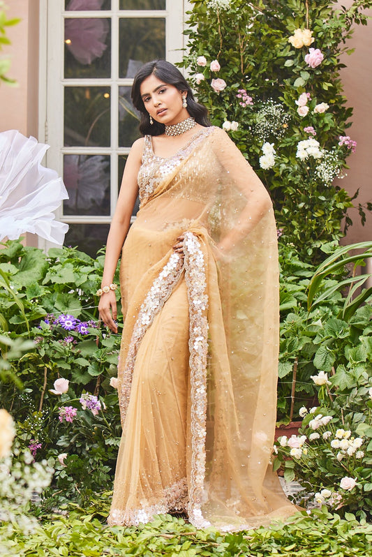 yellow organza saree